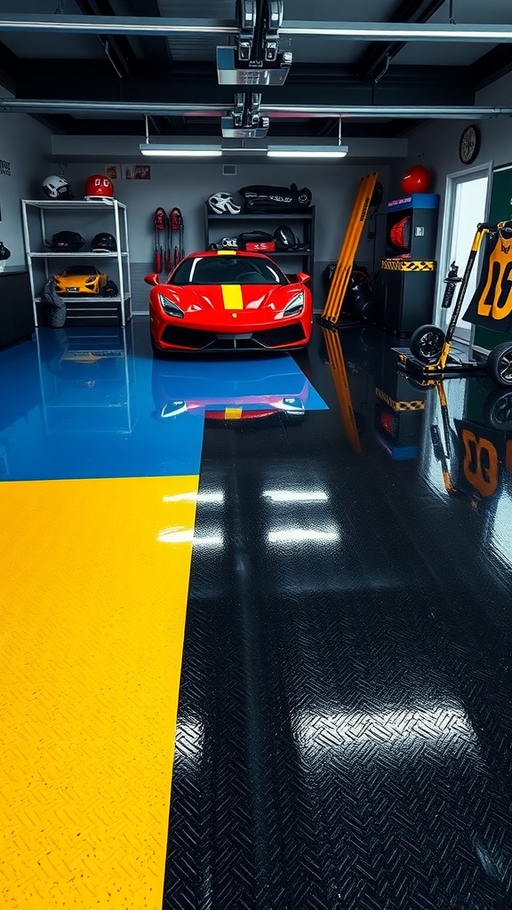 A vibrant garage with a sporty red car on bold black, blue, and yellow epoxy flooring, showcasing a modern design.