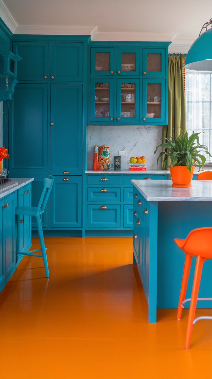 A modern kitchen featuring a colorful epoxy floor with blue, yellow, and green patterns, complemented by pink cabinetry.