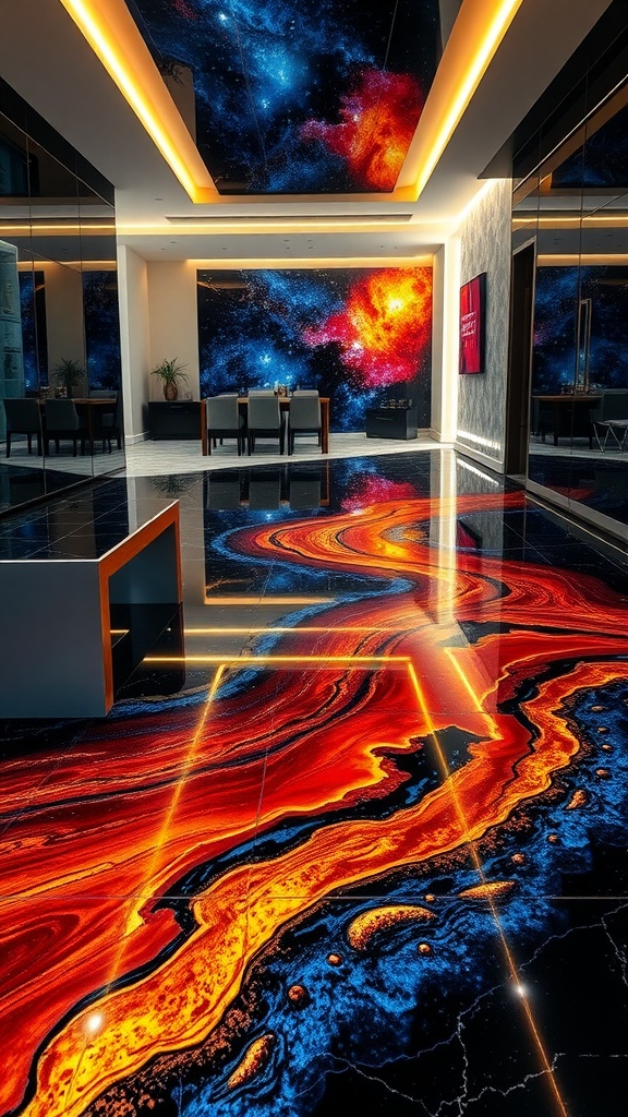 A room featuring a bold color gradation epoxy floor design with swirling reds, blues, and yellows