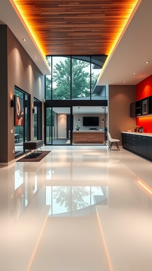 A modern interior showcasing bold colors and glossy epoxy floors.