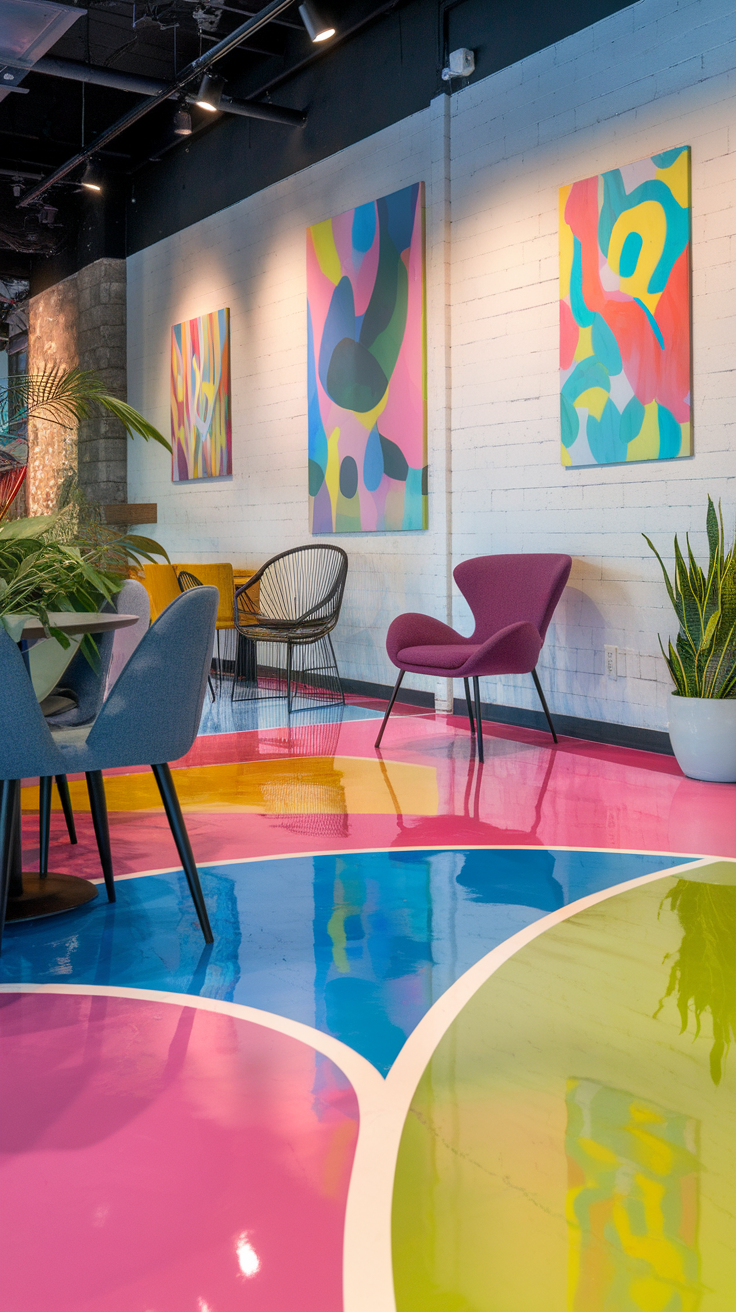 A modern room with vibrant epoxy flooring featuring geometric patterns in orange, teal, and yellow.