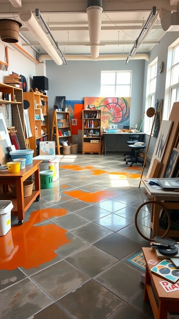 A stylish garage with an epoxy floor featuring bold colors and patterns, showcasing a luxury car and artistic decor.