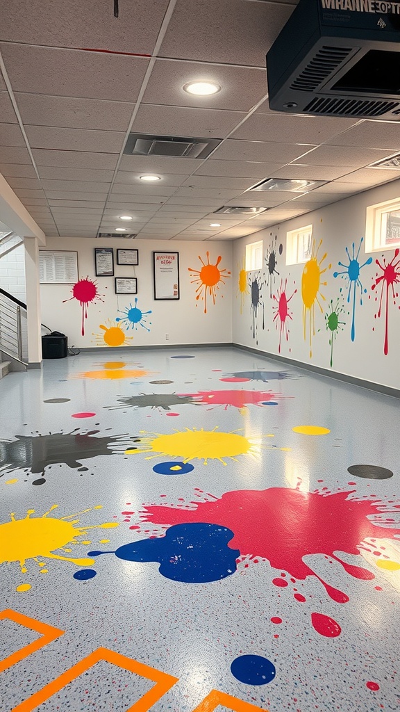A stylish room featuring a black car and a vibrant metallic epoxy floor with red swirls.