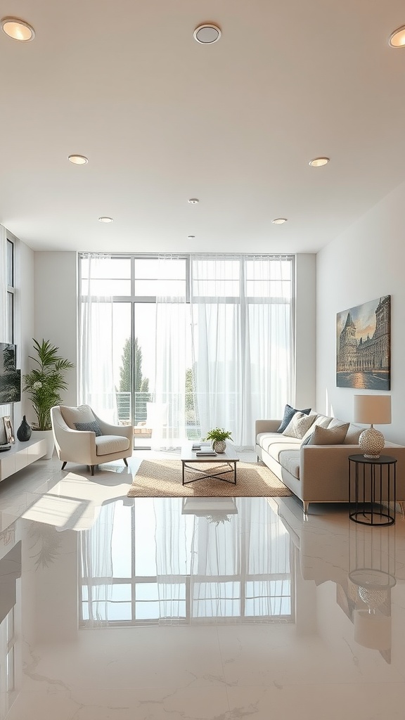 A vibrant epoxy floor in a living room featuring colorful swirls and patterns.