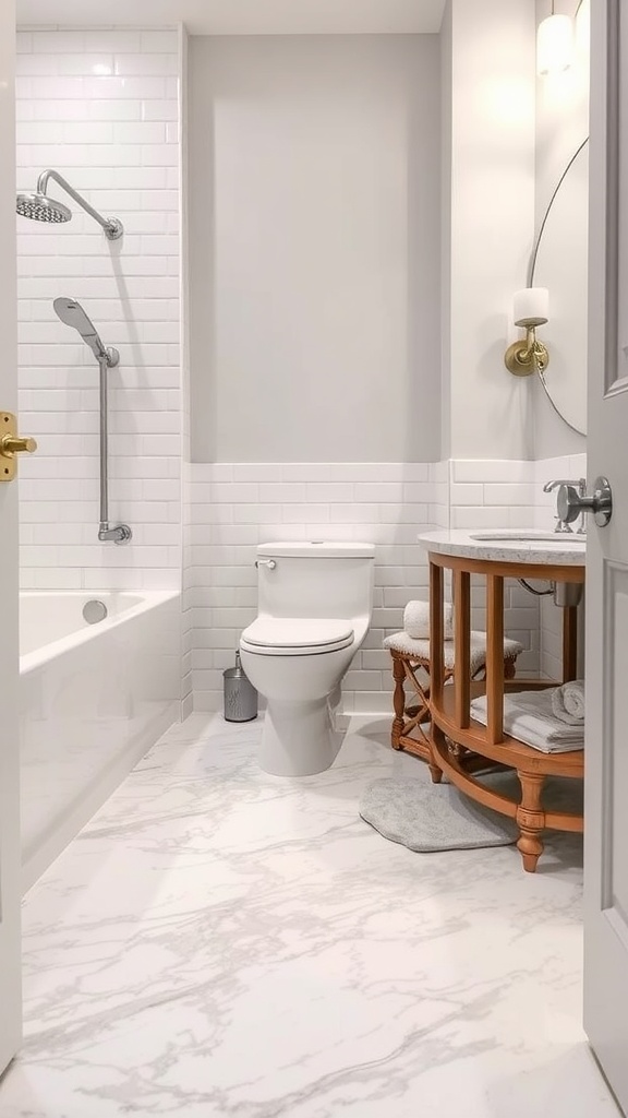 Vibrant bathroom featuring a colorful epoxy floor with floral patterns, light green walls, and a stylish bathtub.