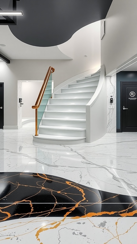 An elegant staircase with white steps and a modern epoxy flooring design featuring dark and light tones.