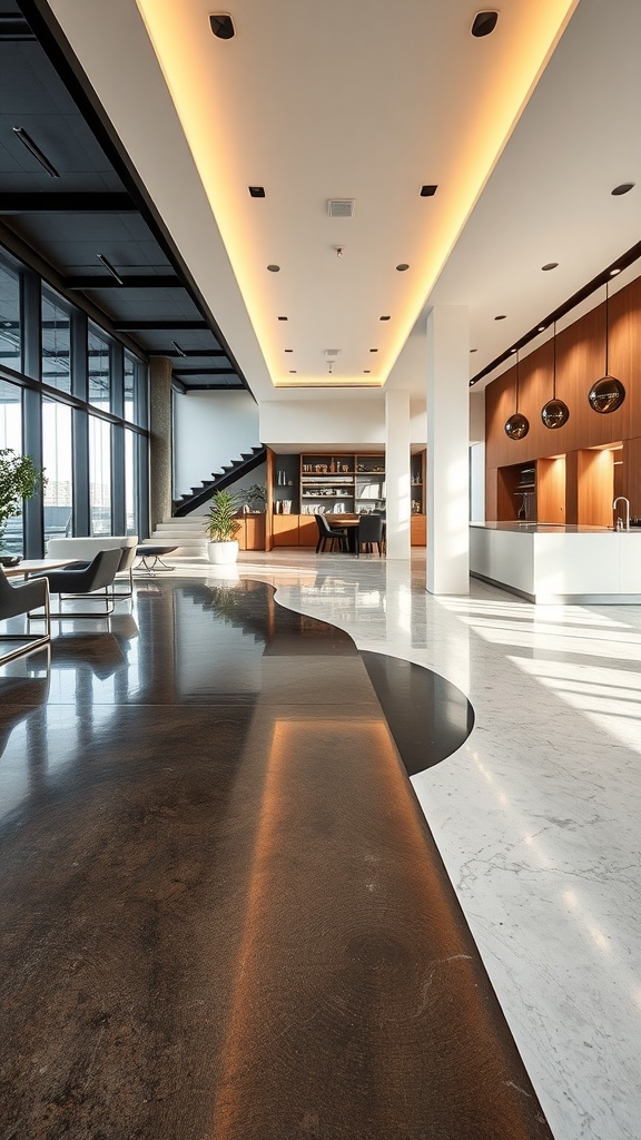 A modern interior featuring a stunning epoxy concrete floor with contrasting light and dark elements.