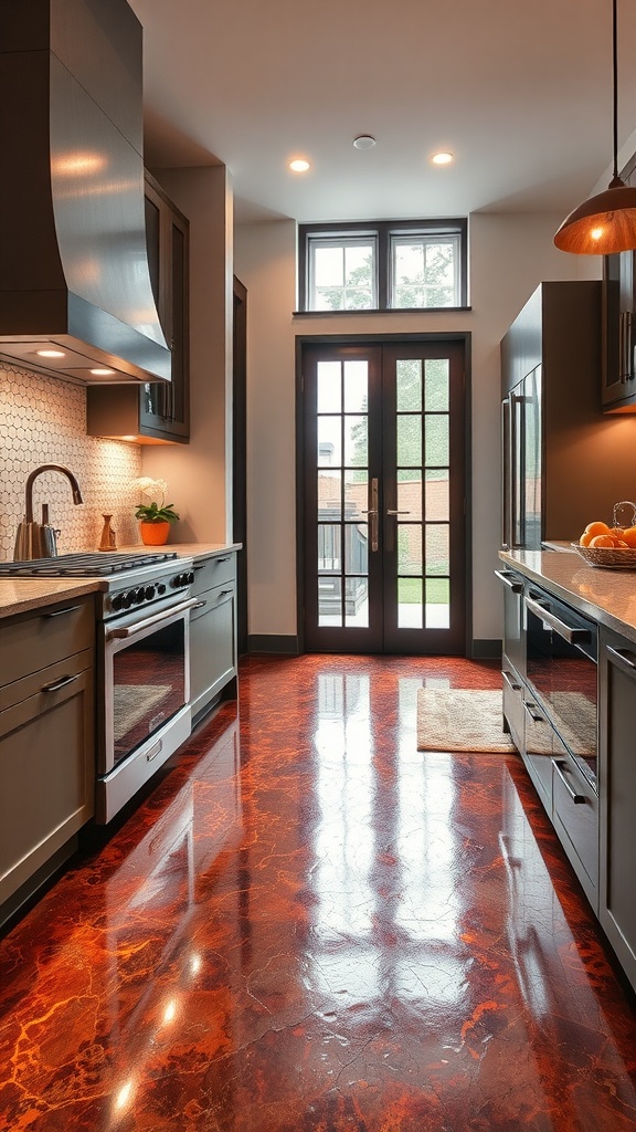 Modern kitchen with bold copper-infused epoxy floor and stylish island design