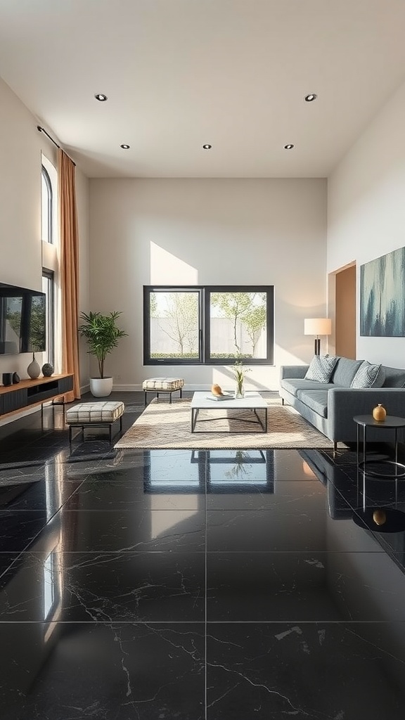 Living room with dark glossy epoxy floor, light walls, modern furniture, and natural light.