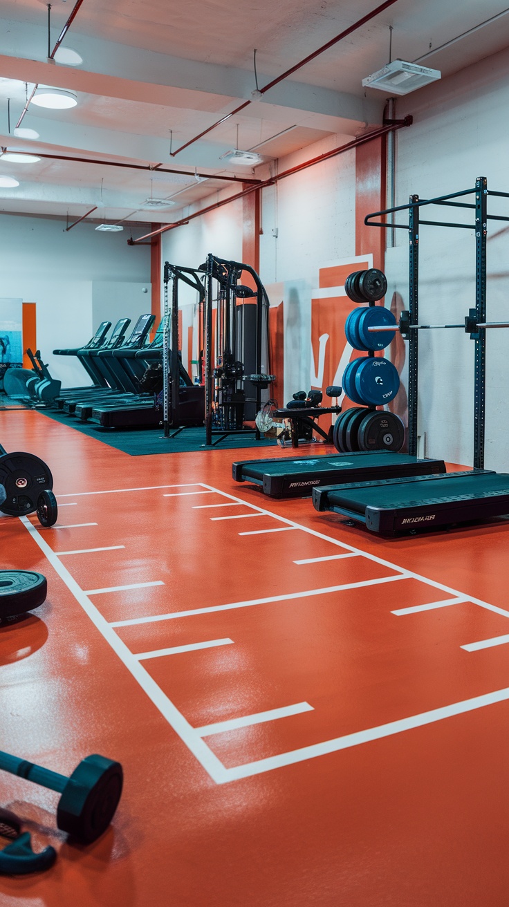 A gym interior featuring bright fire engine red epoxy flooring, with workout equipment and weights visible.