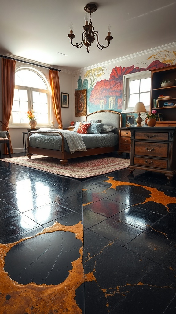 A colorful bedroom featuring a bold geometric epoxy floor design with triangles in orange, blue, and deep red.