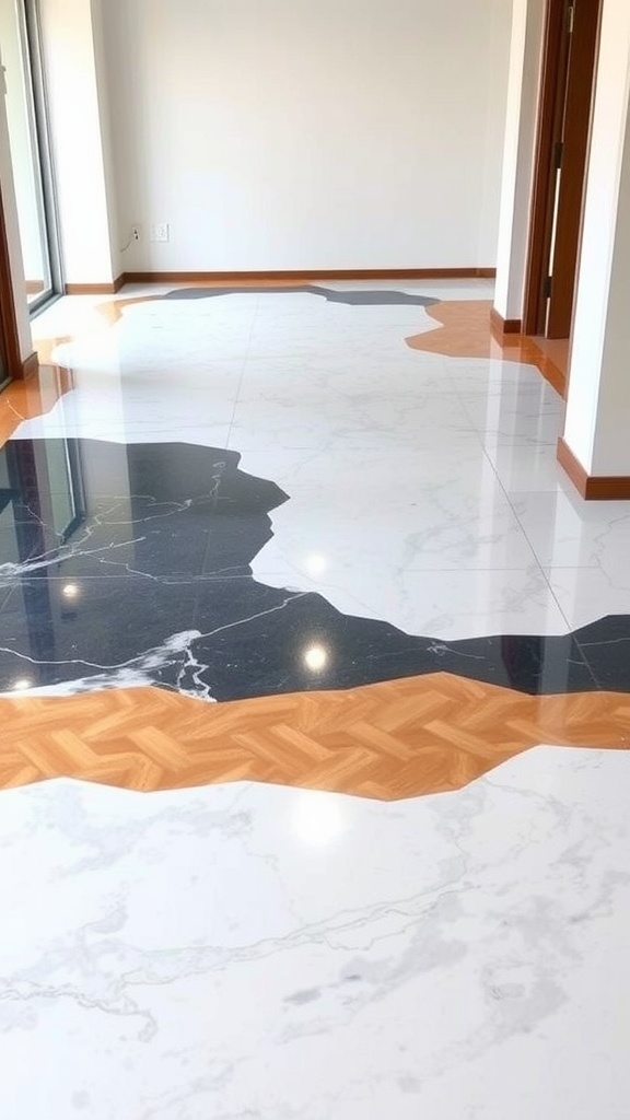 A bold geometric pattern epoxy floor featuring vibrant colors like orange, red, green, and white in a modern space.