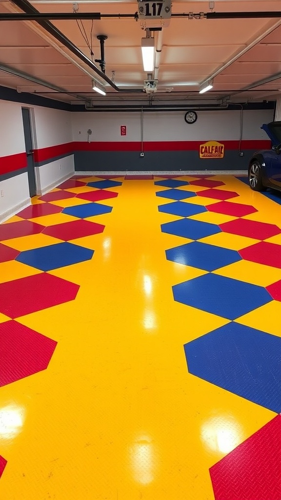 Colorful geometric pattern on a garage floor with red, blue, and yellow hexagons