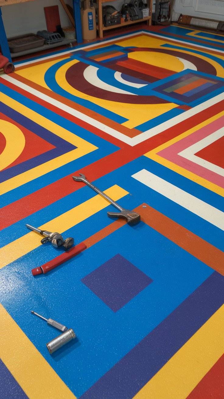Colorful geometric pattern on an epoxy floor with tools scattered on top.
