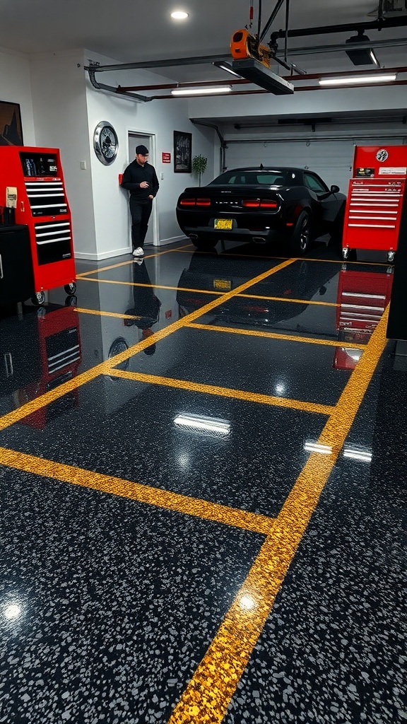 A modern garage with a shiny black epoxy floor featuring bold yellow geometric lines.