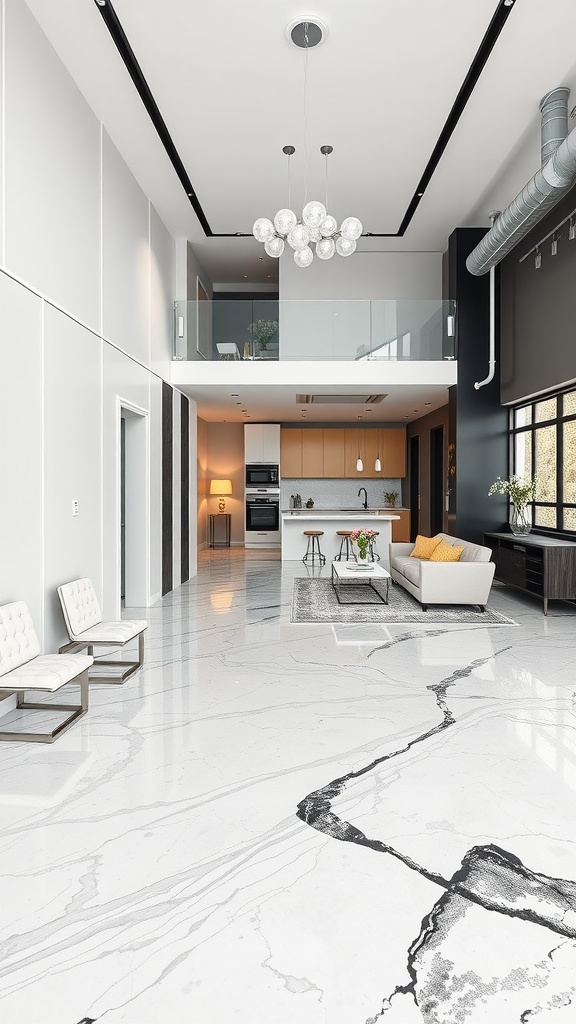 A modern living area with a marble epoxy floor showcasing bold geometric patterns.