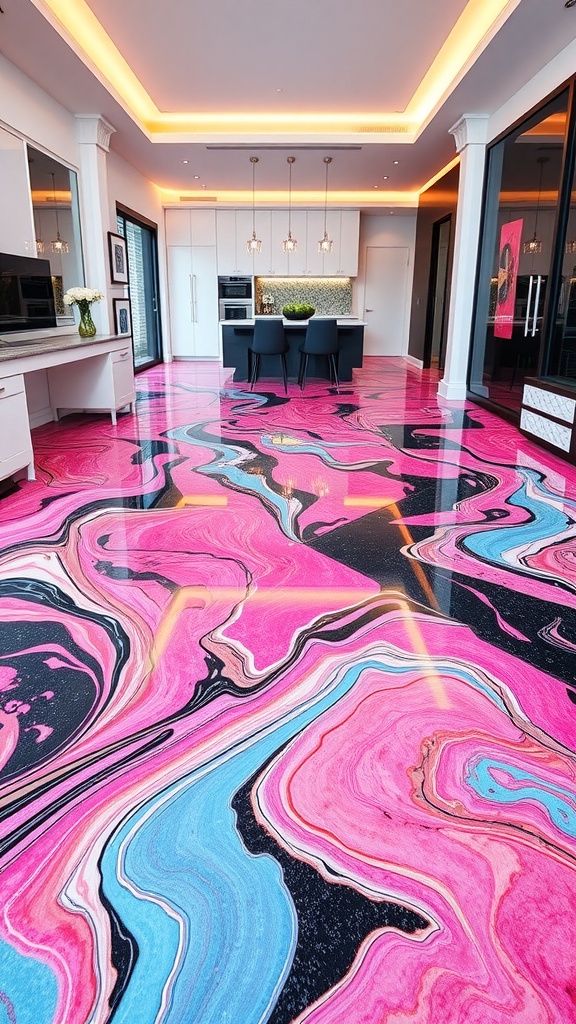 Vibrant pink, blue, and black abstract epoxy floor design in a modern kitchen