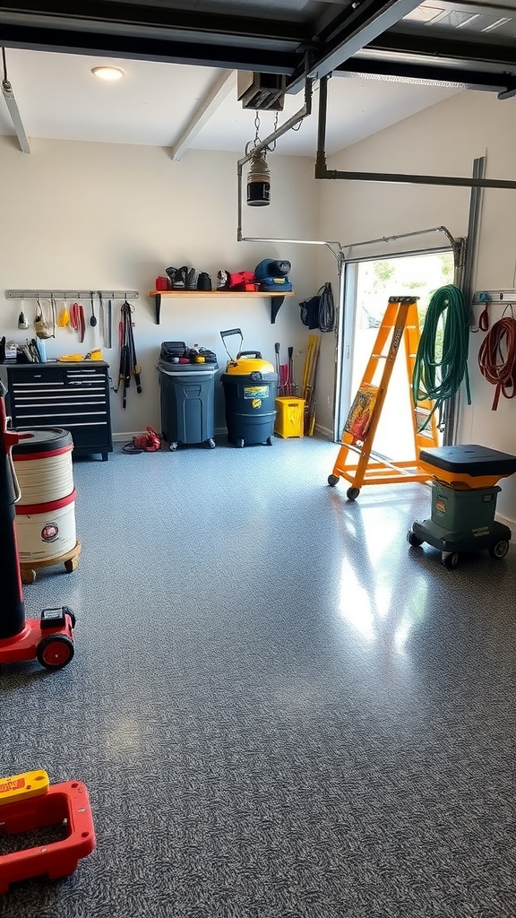 Stylish garage with bold geometric epoxy floor design in gray tones