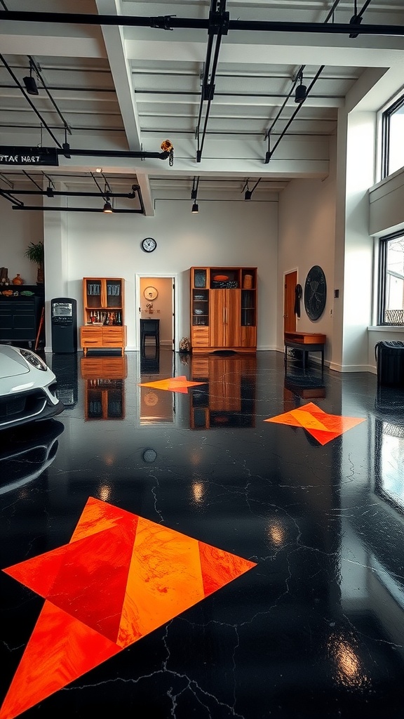 Bold geometric patterns on black epoxy concrete floor in a modern garage space