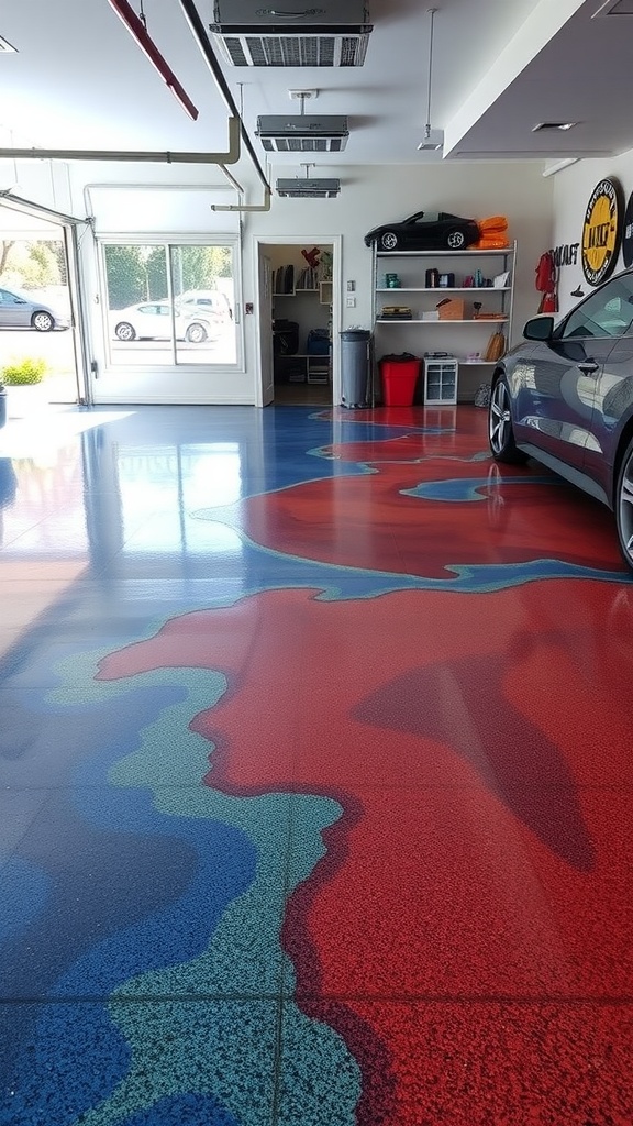 A vibrant epoxy floor featuring bold geometric patterns in a garage setting.