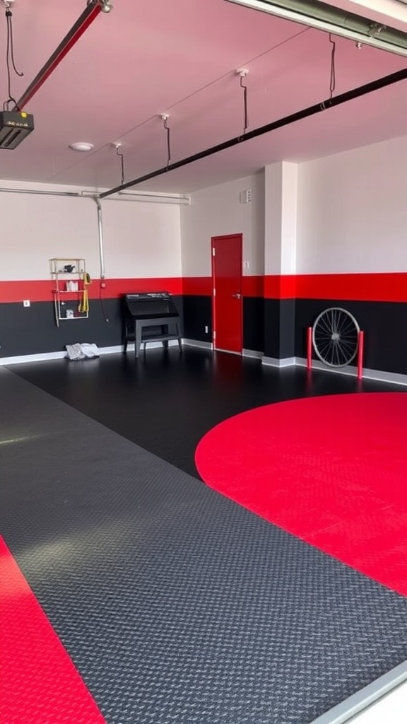 A colorful geometric patterned epoxy garage floor featuring red, yellow, blue, and black shapes.