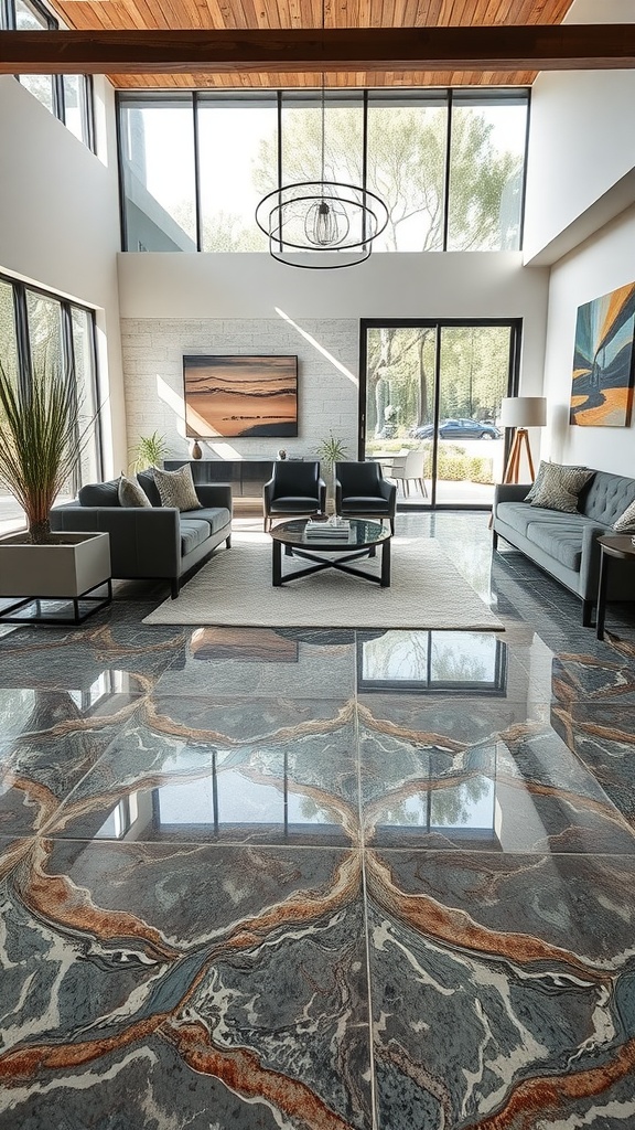 A modern living room featuring bold geometric epoxy floor designs in vibrant colors.