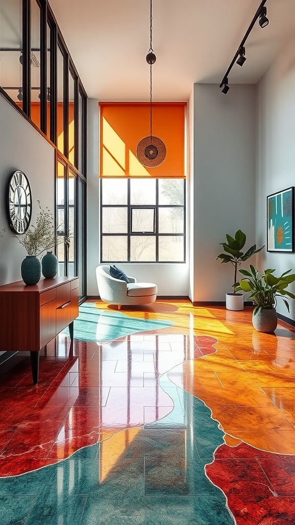 Colorful epoxy floor with geometric patterns in a modern interior
