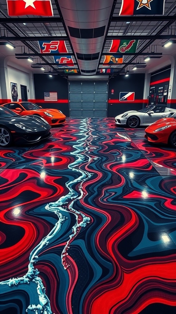 A garage featuring bold geometric patterns in red and blue epoxy flooring with luxury cars.