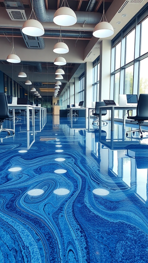 A modern living space featuring a bold geometric epoxy floor with vibrant purple hues and reflective surfaces.