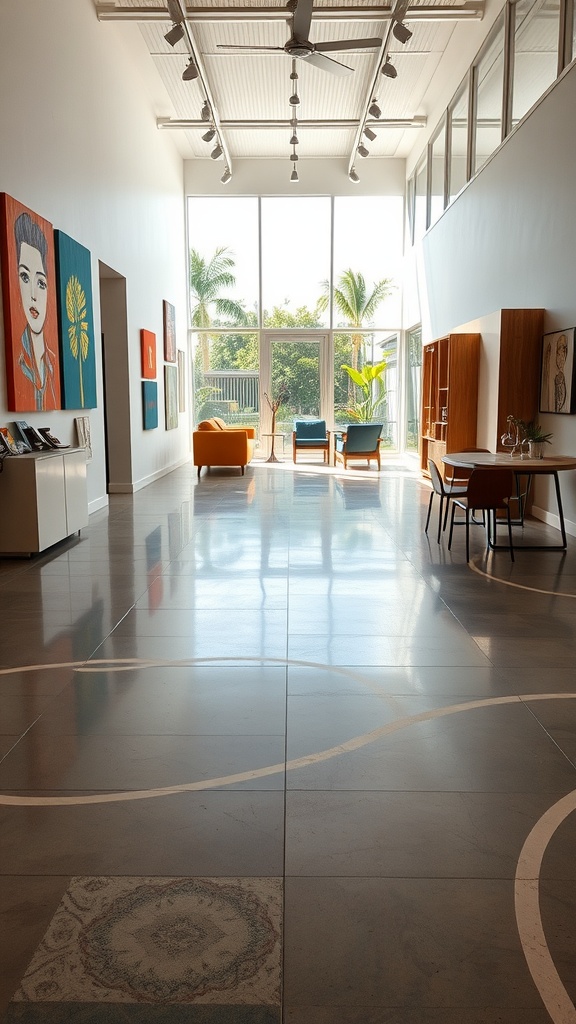 A modern interior space with polished concrete flooring featuring bold geometric shapes and artistic elements.