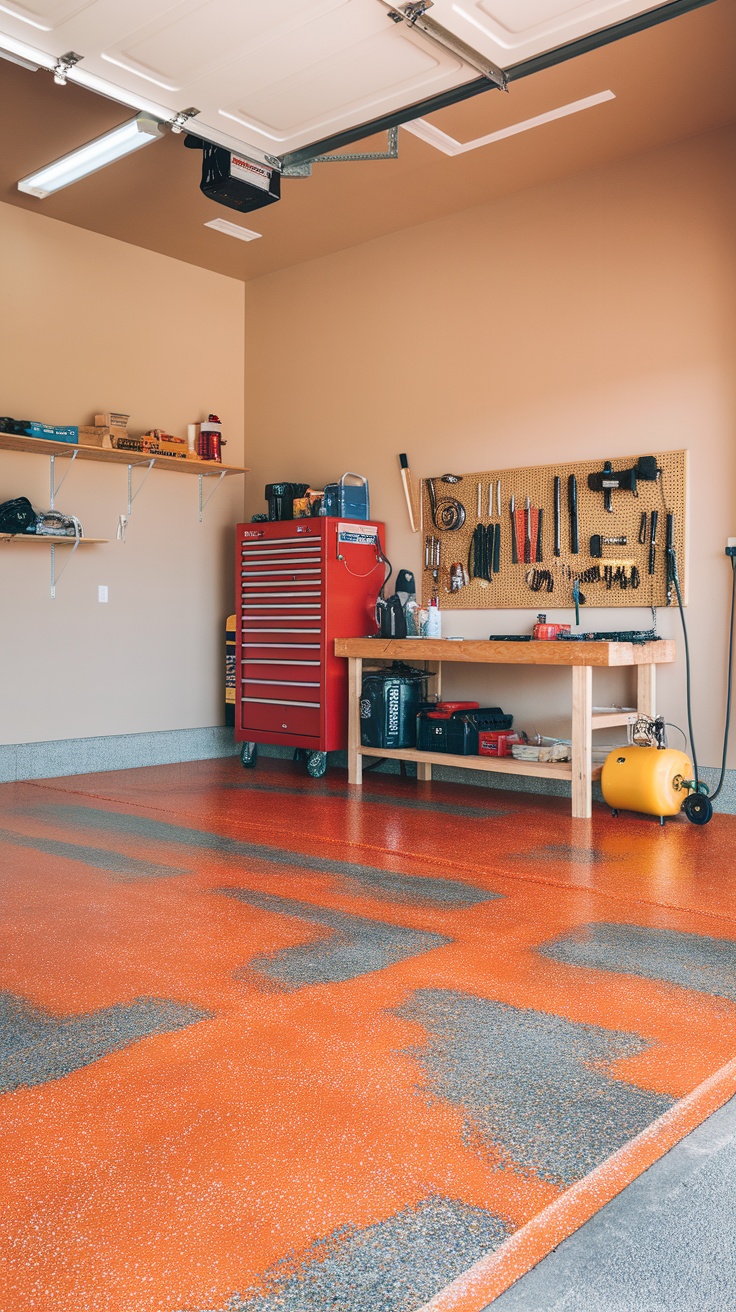 Garage floor featuring a bold orange base with grey flakes, showcasing a stylish and modern design.