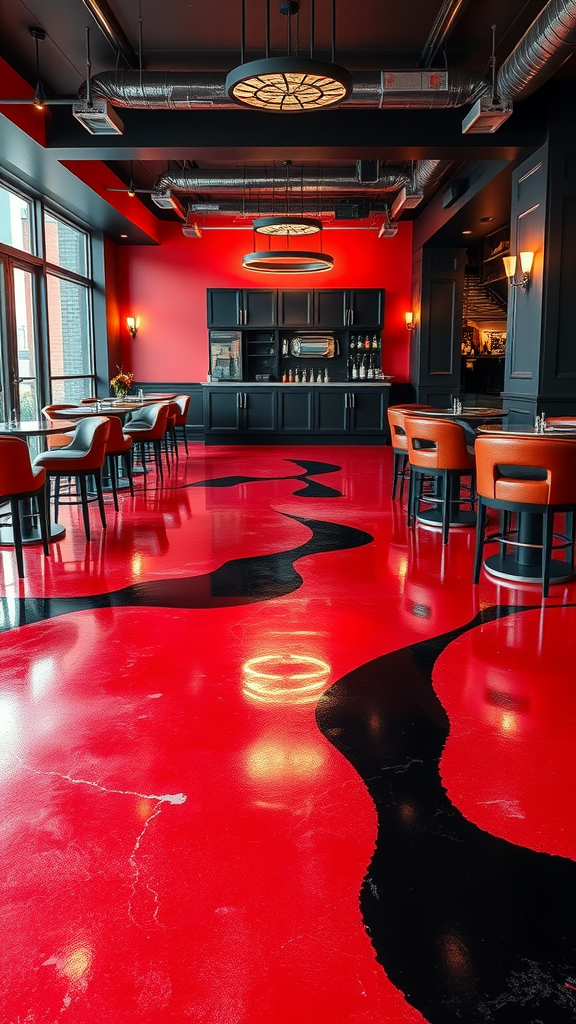 A stylish restaurant interior featuring bold red epoxy flooring with black accents, showcasing modern furniture and lighting.
