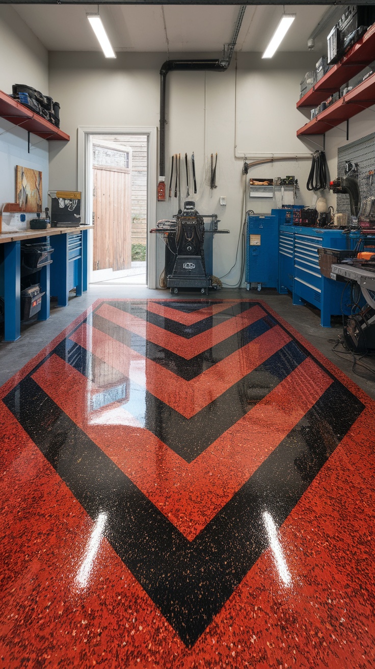 A garage with a bold red and black epoxy floor featuring a chevron pattern.