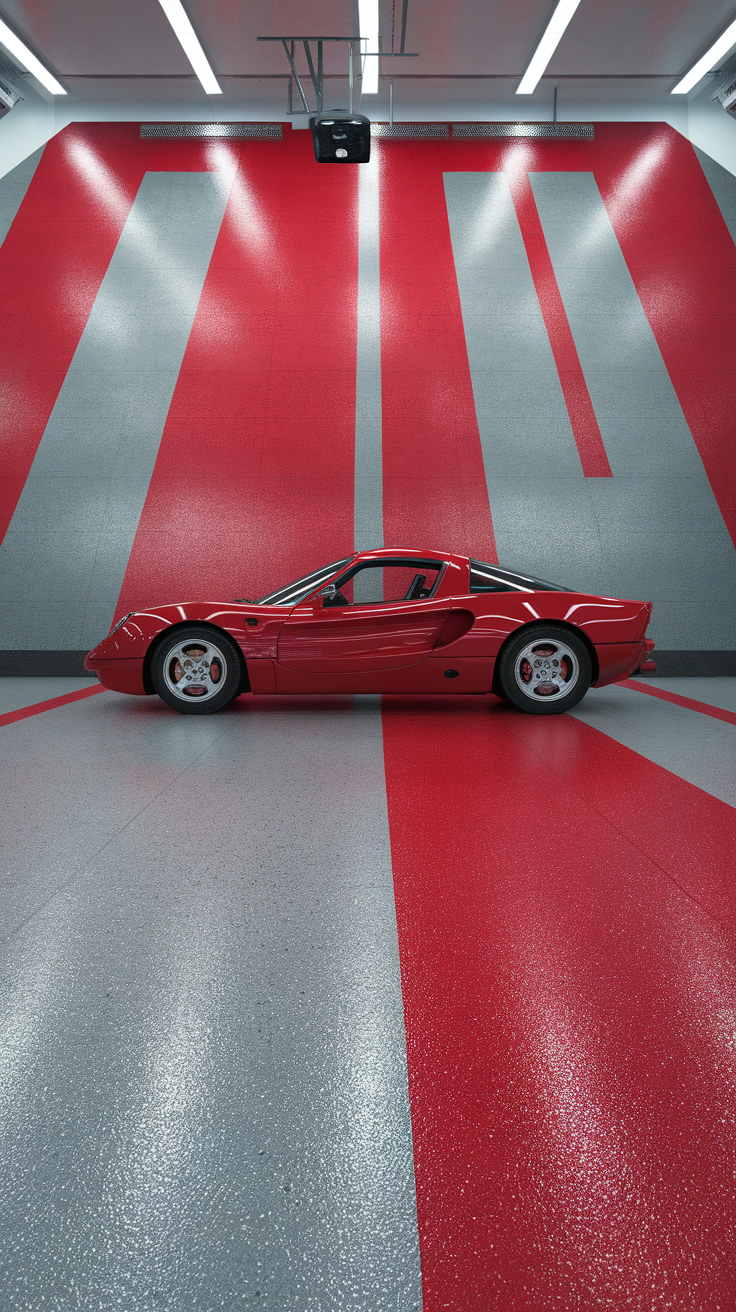 A stylish garage floor featuring bold red and gray colors with circular red flakes.