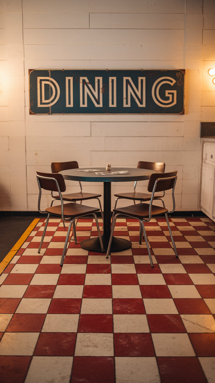 Dining area with a bold red and white checkerboard epoxy floor.