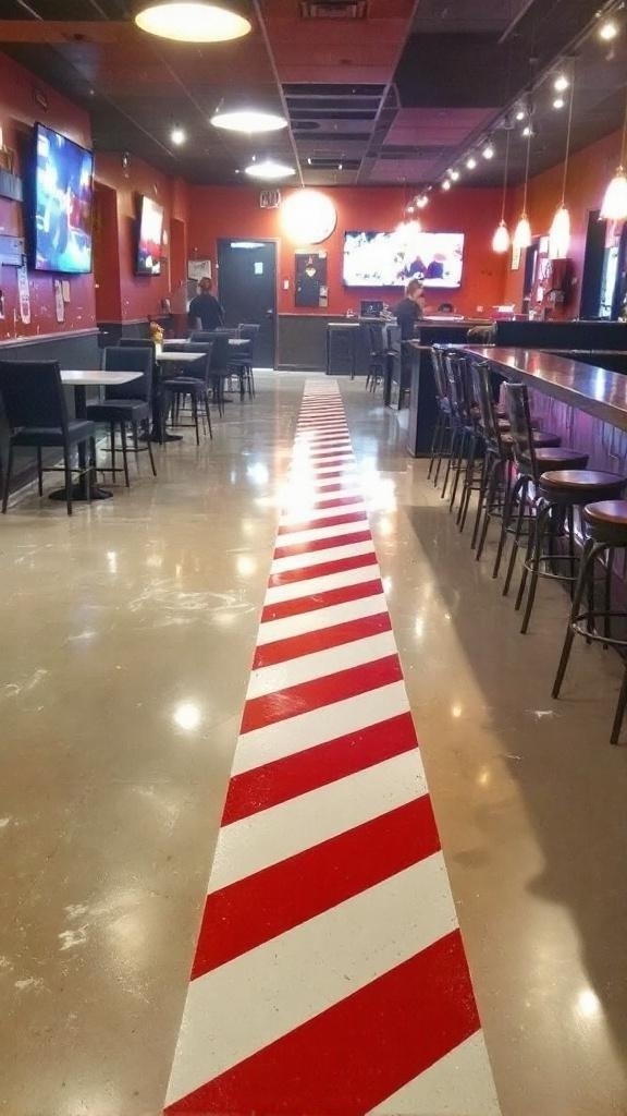 Interior of a restaurant with bold red and white striped epoxy floor.