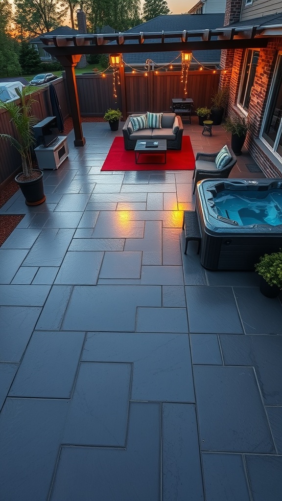 A beautifully designed patio featuring bold red epoxy flooring, surrounded by comfortable seating and a hot tub.