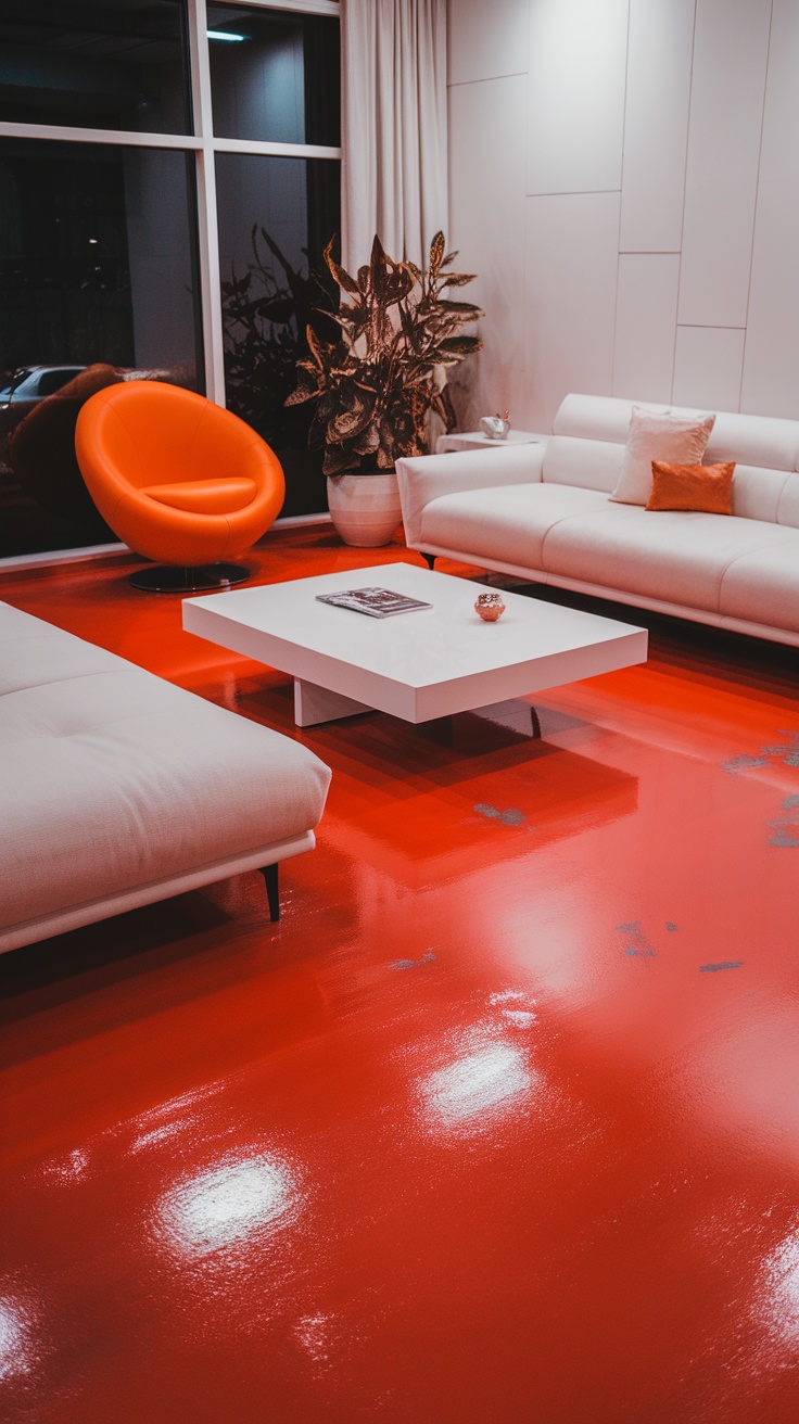 Living room with bold red epoxy floor, white couches, and an orange chair.