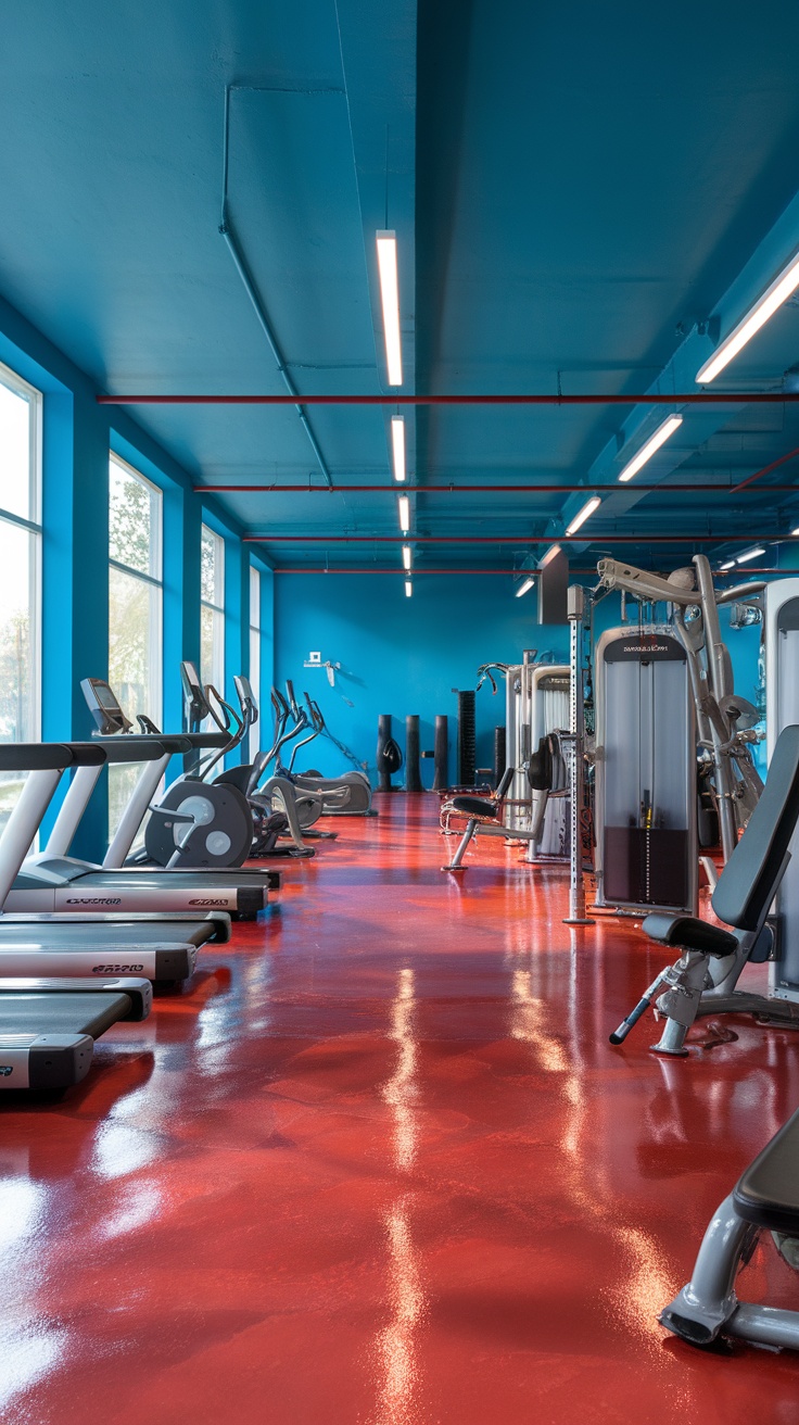 A gym with ruby red epoxy flooring and bright blue walls.