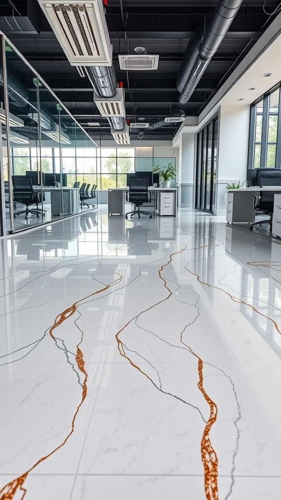 A modern interior featuring an epoxy floor design with bold circular patterns in blue, red, and white.