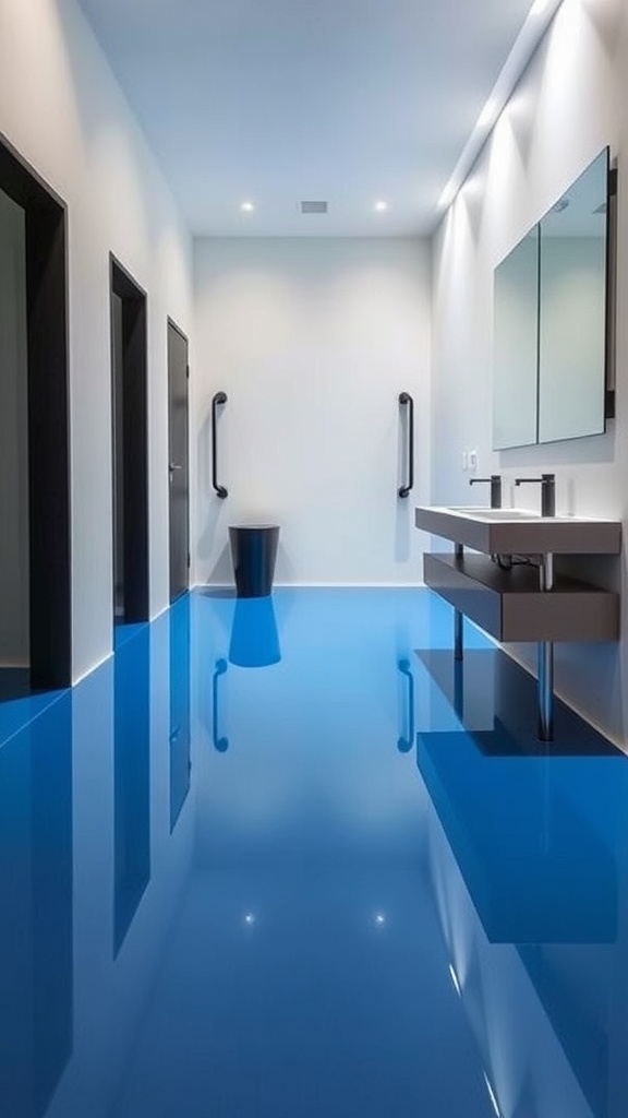 Modern kitchen with a striking bold solid color epoxy floor design.