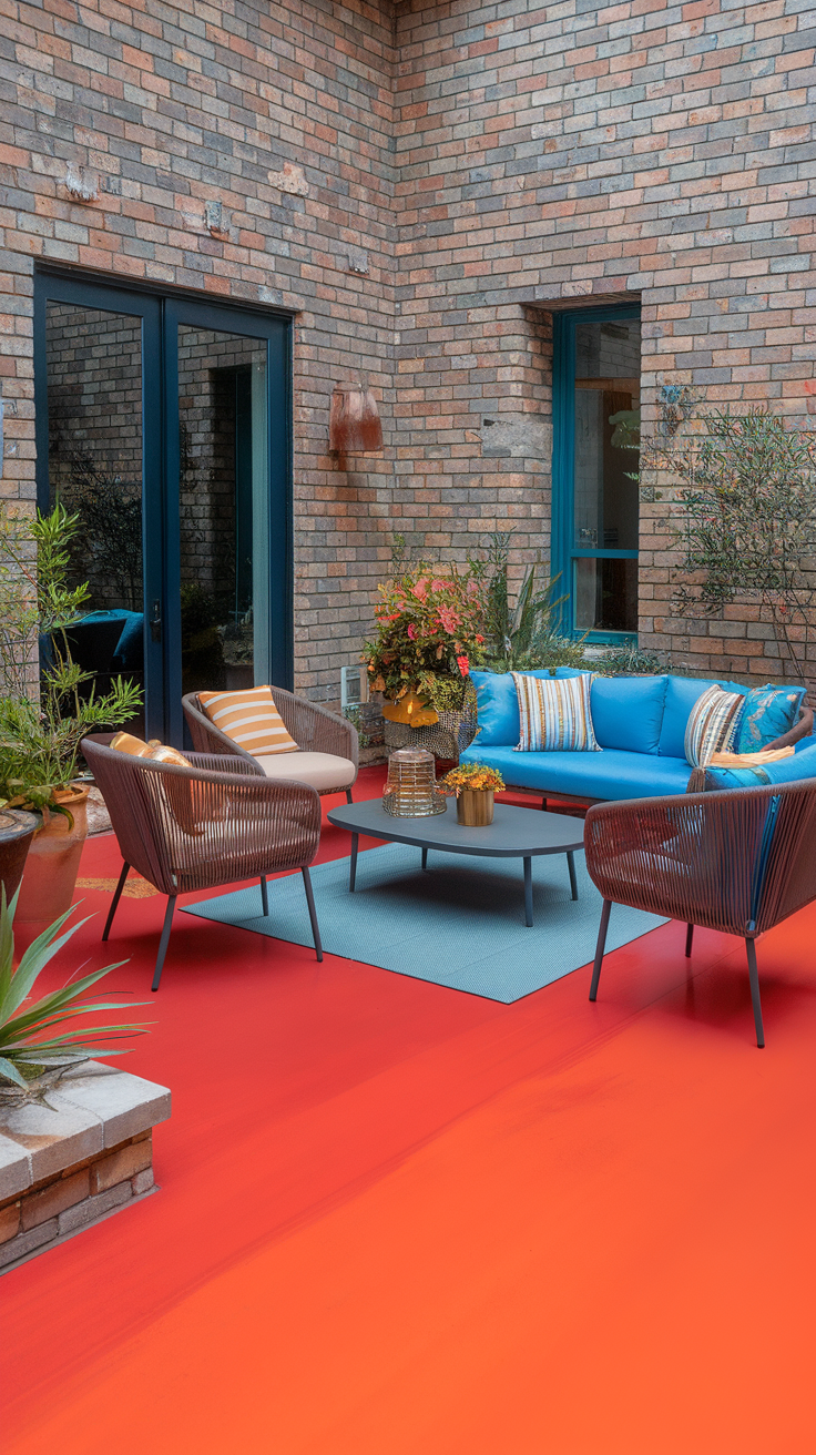 A patio featuring bold solid color epoxy flooring in vibrant red, with stylish outdoor furniture.