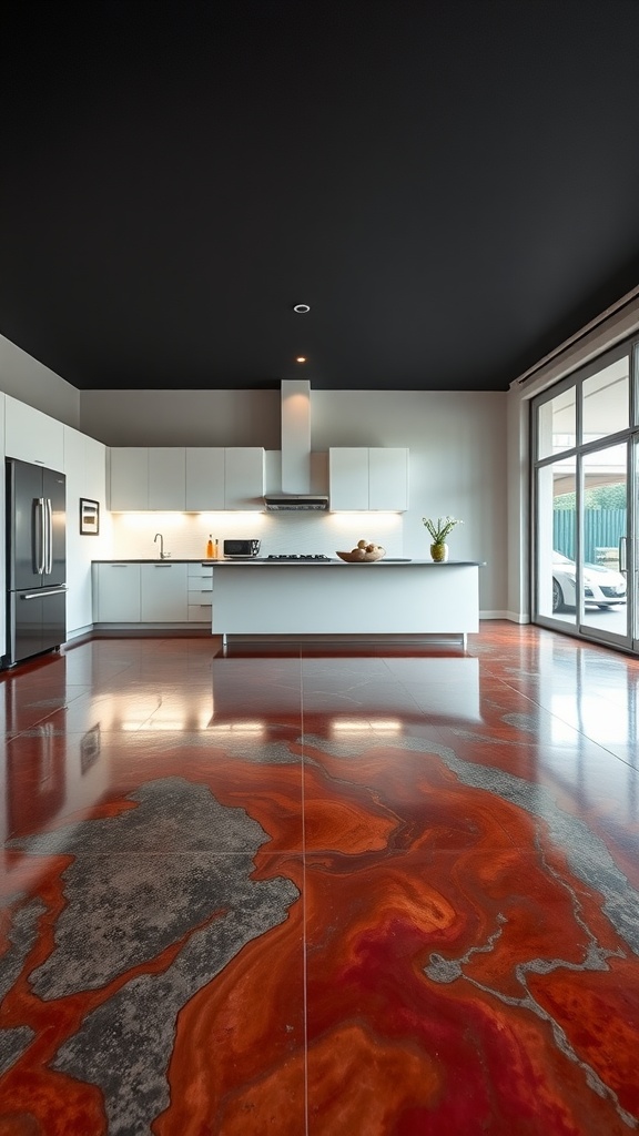 A modern kitchen with a striking epoxy concrete floor featuring rich red and gray tones.