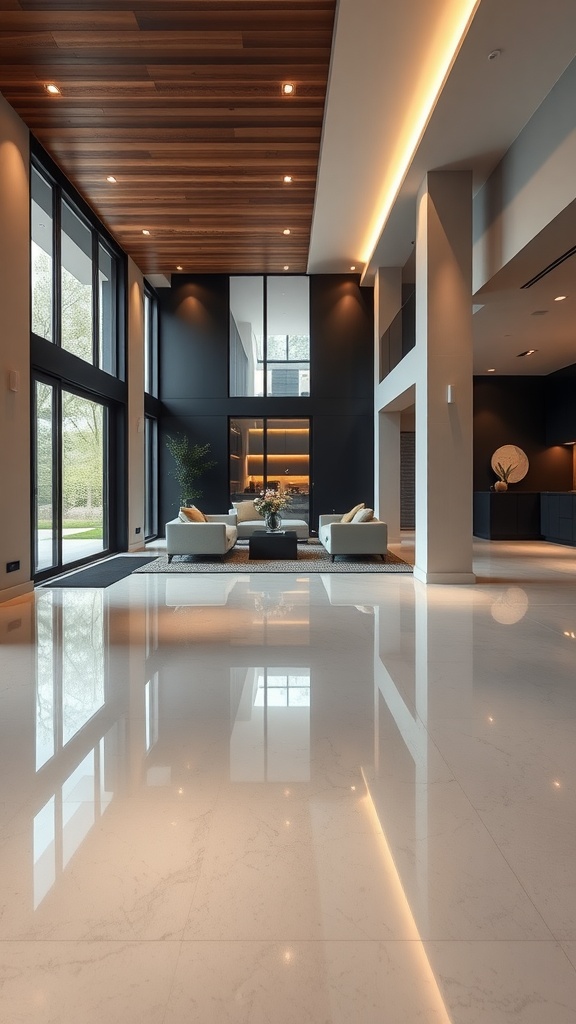 A modern living space with bold furniture and shiny epoxy floors, featuring large windows and architectural lighting.