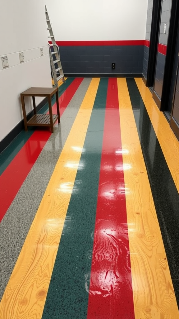 Colorful epoxy floor with bold stripes in a hallway
