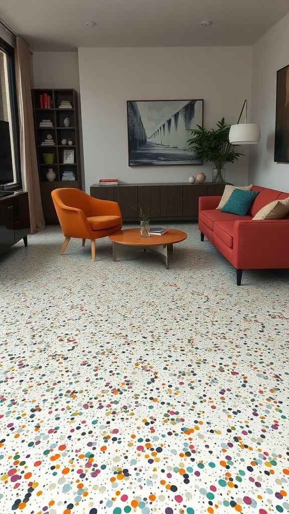 A luxurious living space featuring a bold terrazzo look with a marble epoxy floor, stylish furniture, and modern decor.