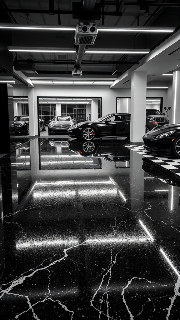 A sleek garage with a black marble epoxy floor, showcasing luxury and functionality.