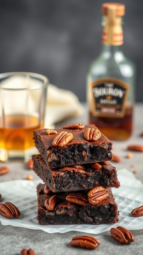 Delicious bourbon pecan brownies stacked with pecans on top
