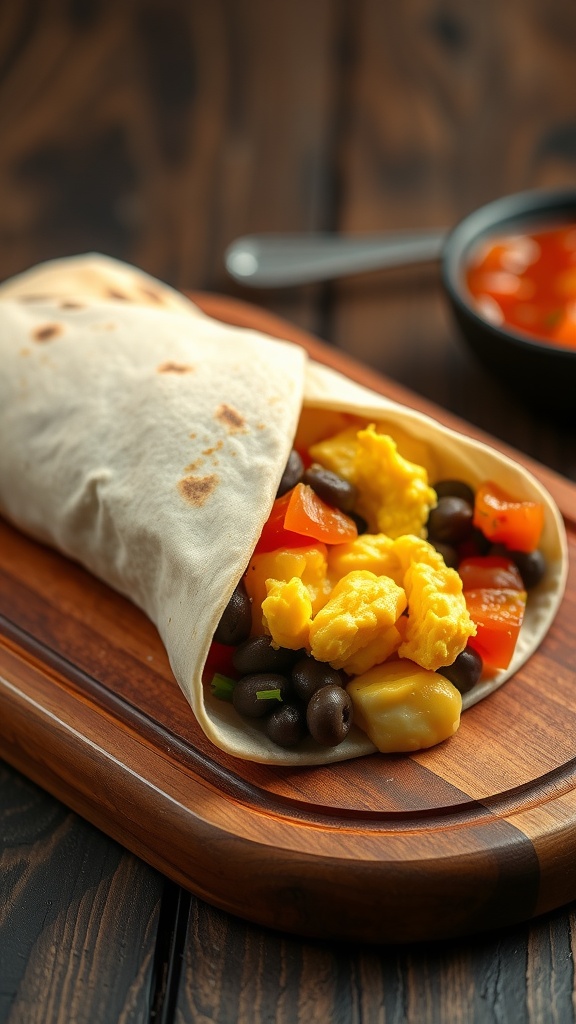 A delicious breakfast burrito filled with scrambled eggs, black beans, and fresh vegetables.