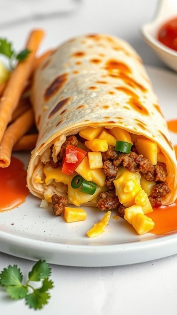 A delicious breakfast burrito filled with eggs, sausage, and cheese, served with salsa.